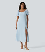 Queen Anne Neck Puff Sleeve Split Midi Chiffon Bridesmaid And Wedding Guest Dress — Ice Water — view 3