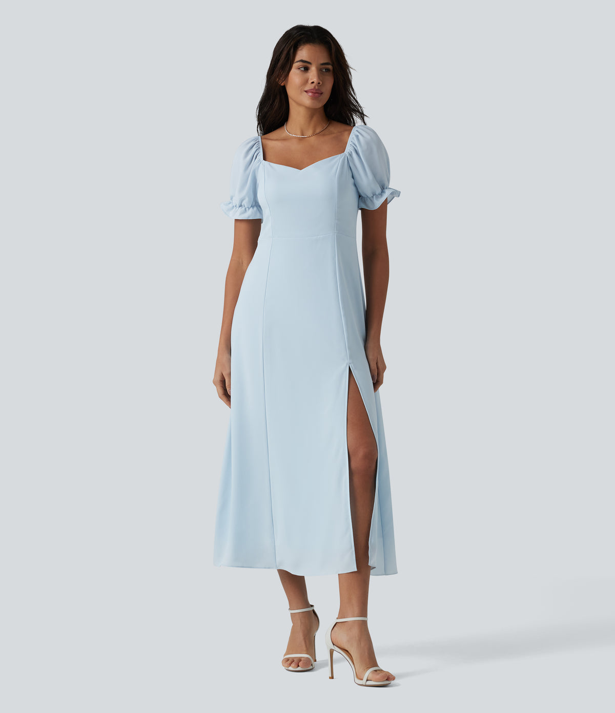 Queen Anne Neck Puff Sleeve Split Midi Chiffon Bridesmaid And Wedding Guest Dress — Ice Water — view 3