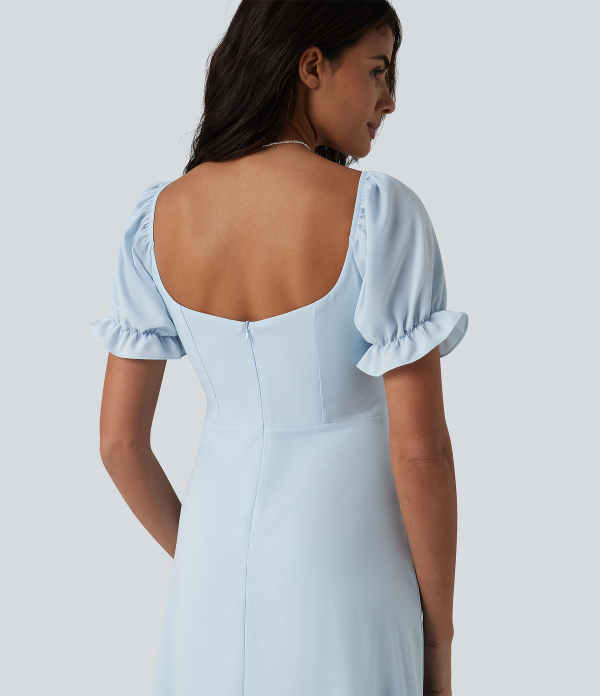 Queen Anne Neck Puff Sleeve Split Midi Chiffon Bridesmaid And Wedding Guest Dress — Ice Water — view 6