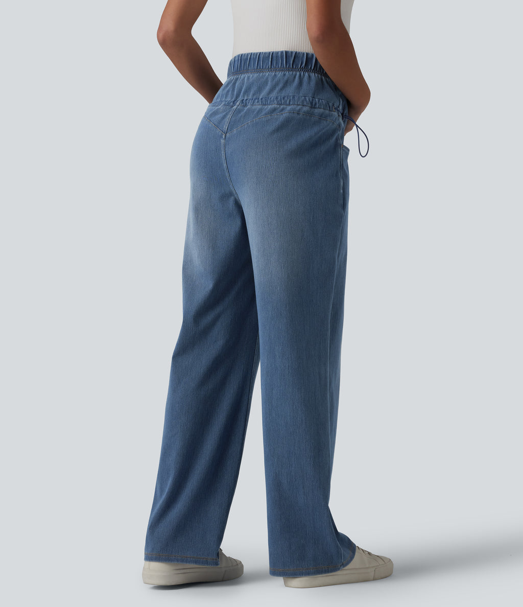 Crossover High Waisted Adjustable Drawcord Casual Maternity Baggy Jeans with Pockets — Tide Blue Denim — view 2