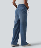 Crossover High Waisted Adjustable Drawcord Casual Maternity Baggy Jeans with Pockets — Tide Blue Denim — view 2