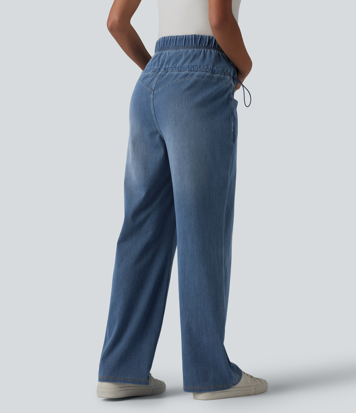 Crossover High Waisted Adjustable Drawcord Casual Maternity Baggy Jeans with Pockets — Tide Blue Denim — view 2