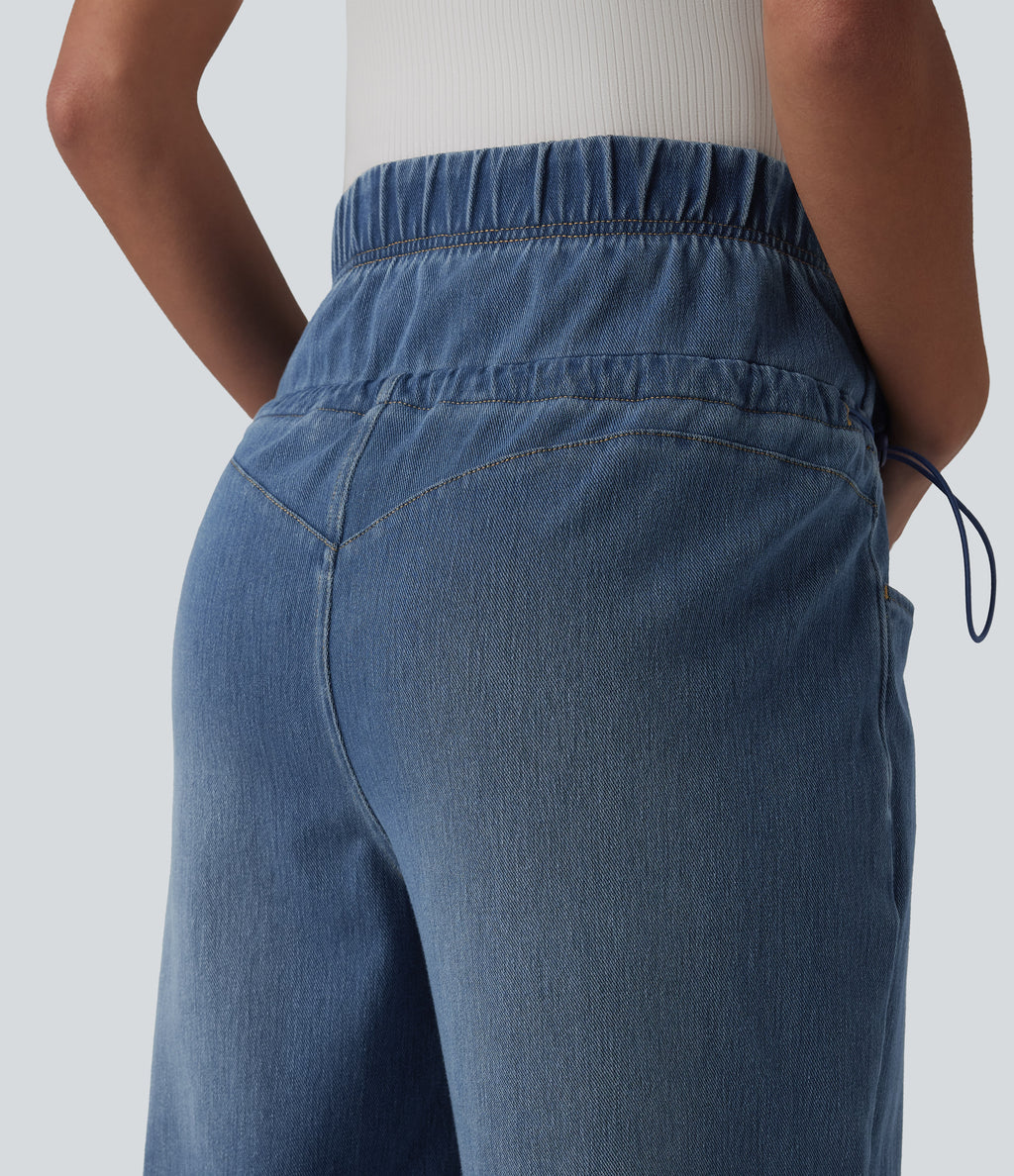 Crossover High Waisted Adjustable Drawcord Casual Maternity Baggy Jeans with Pockets — Tide Blue Denim — view 6