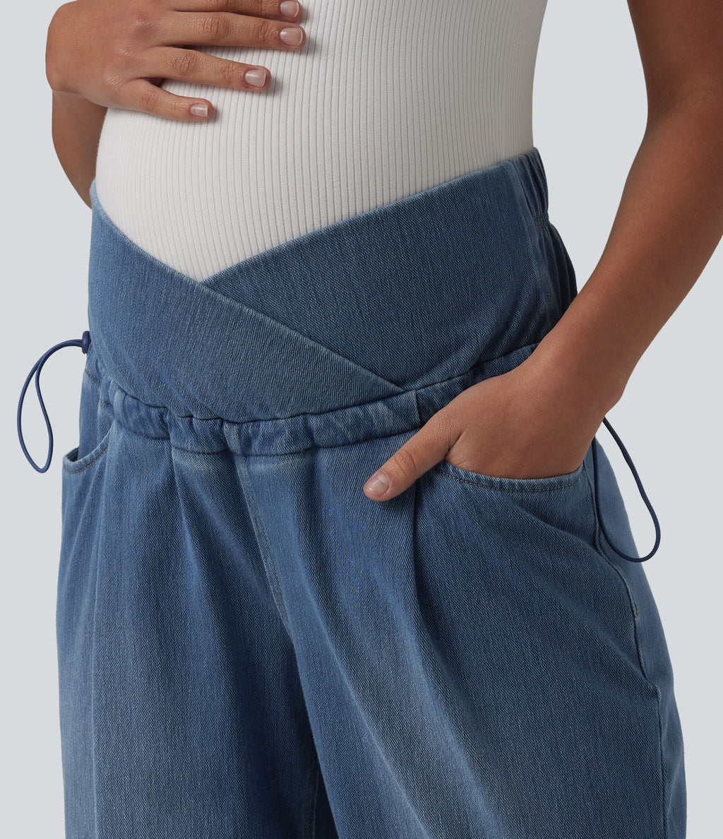 Crossover High Waisted Adjustable Drawcord Casual Maternity Baggy Jeans with Pockets — Tide Blue Denim — view 5