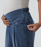 Crossover High Waisted Adjustable Drawcord Casual Maternity Baggy Jeans with Pockets — Tide Blue Denim — view 4