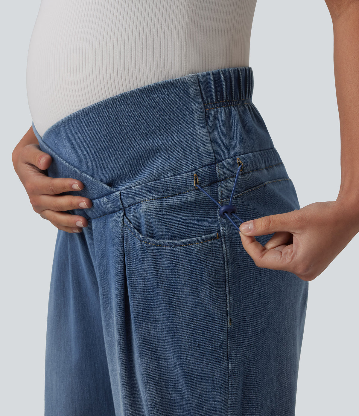 Crossover High Waisted Adjustable Drawcord Casual Maternity Baggy Jeans with Pockets — Tide Blue Denim — view 4