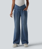 Crossover High Waisted Adjustable Drawcord Casual Maternity Baggy Jeans with Pockets — Tide Blue Denim — view 3