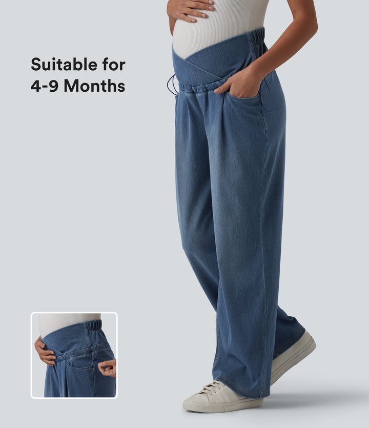 Crossover High Waisted Adjustable Drawcord Casual Maternity Baggy Jeans with Pockets — Tide Blue Denim — view 1