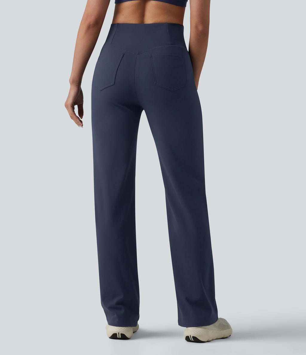 Crossover High Waisted Tummy Control Yoga Straight Leg Trousers with Pockets — Midnight Blue — view 2
