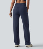 Crossover High Waisted Tummy Control Yoga Straight Leg Trousers with Pockets — Midnight Blue — view 2