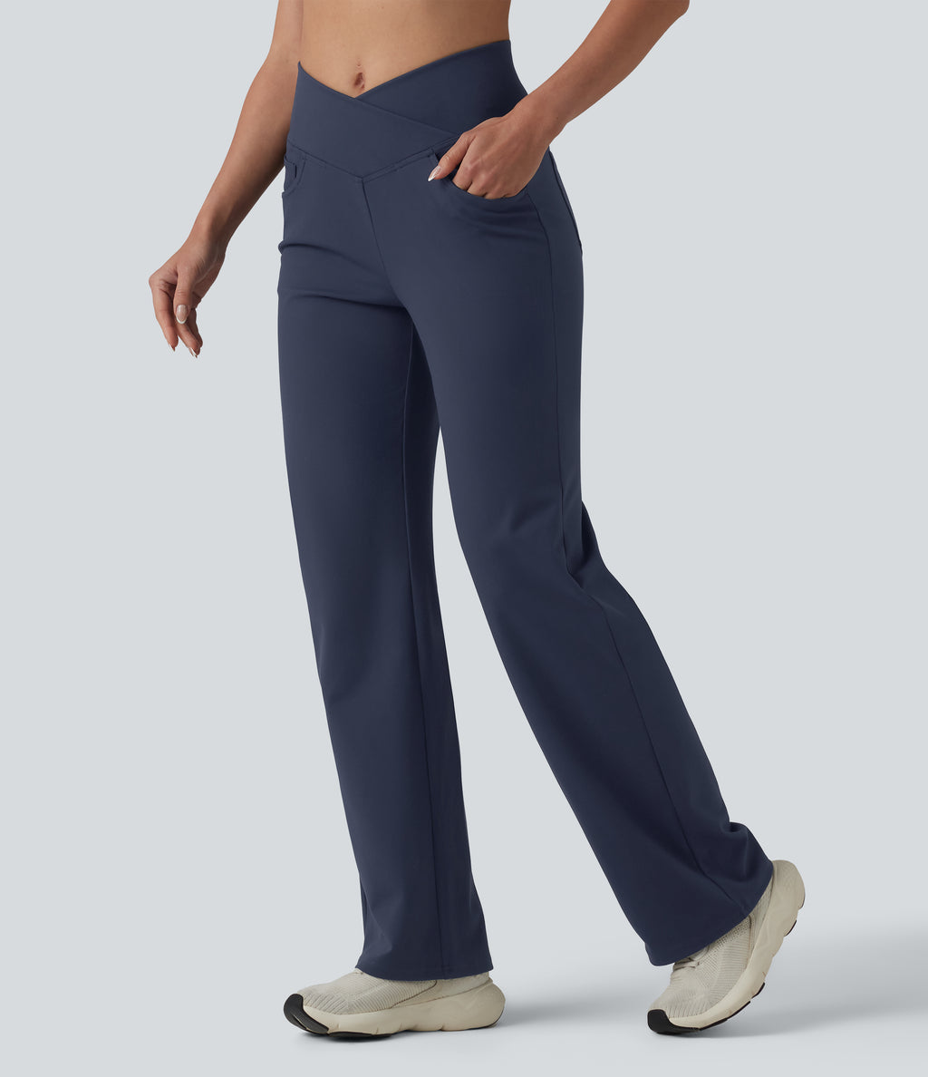 Crossover High Waisted Tummy Control Yoga Straight Leg Trousers with Pockets — Midnight Blue — view 3