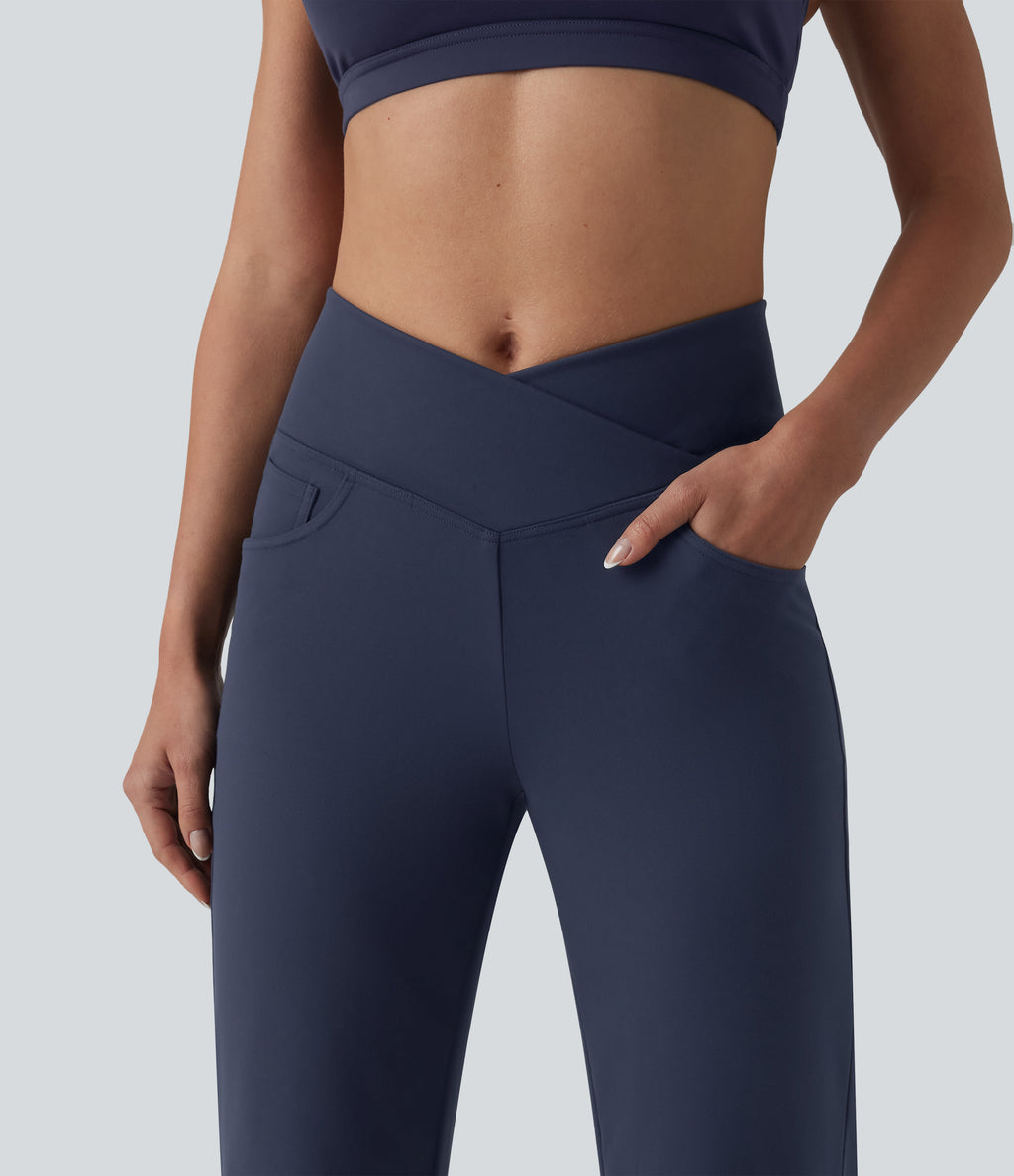 Crossover High Waisted Tummy Control Yoga Straight Leg Trousers with Pockets — Midnight Blue — view 4