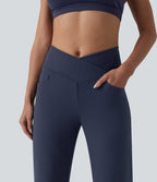 Crossover High Waisted Tummy Control Yoga Straight Leg Trousers with Pockets — Midnight Blue — view 4