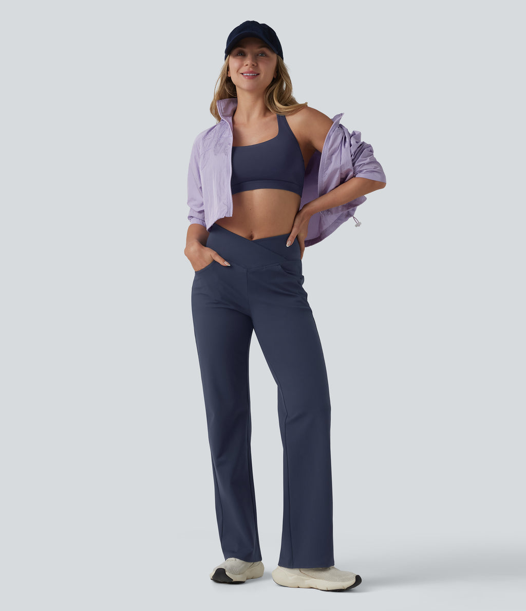 Crossover High Waisted Tummy Control Yoga Straight Leg Trousers with Pockets — Midnight Blue — view 6