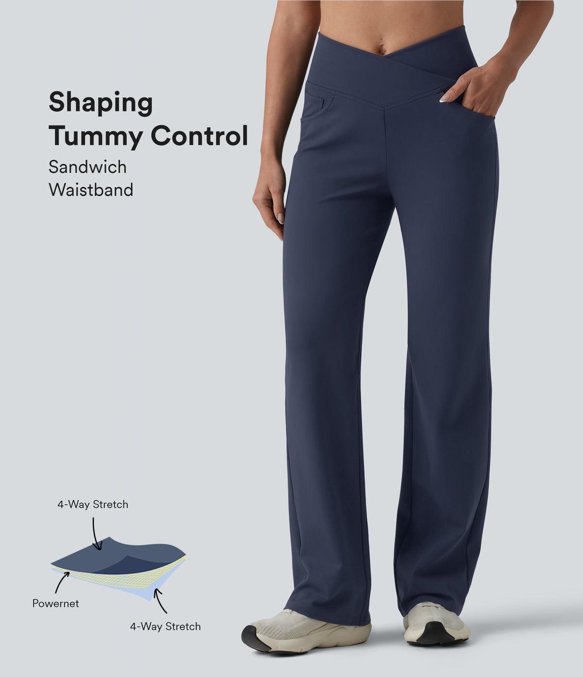Crossover High Waisted Tummy Control Yoga Straight Leg Trousers with Pockets — Midnight Blue — view 1