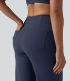 Crossover High Waisted Tummy Control Yoga Straight Leg Trousers with Pockets — Midnight Blue — view 5