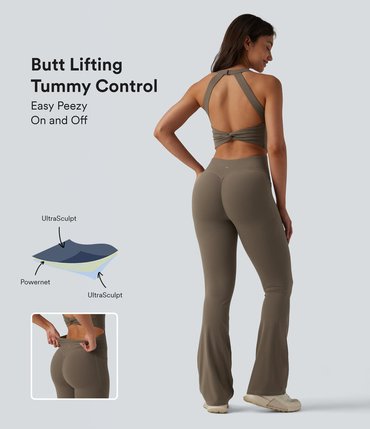 Twisted Backless Tummy Control Butt Lifting Bootcut Workout Jumpsuit with Pockets-Edition — Dawn Brown — view 1