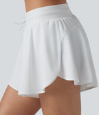 Mid Rise Drawstring Split Curved Hem 2-in-1 Bikini Shorts with Pockets — White — view 5