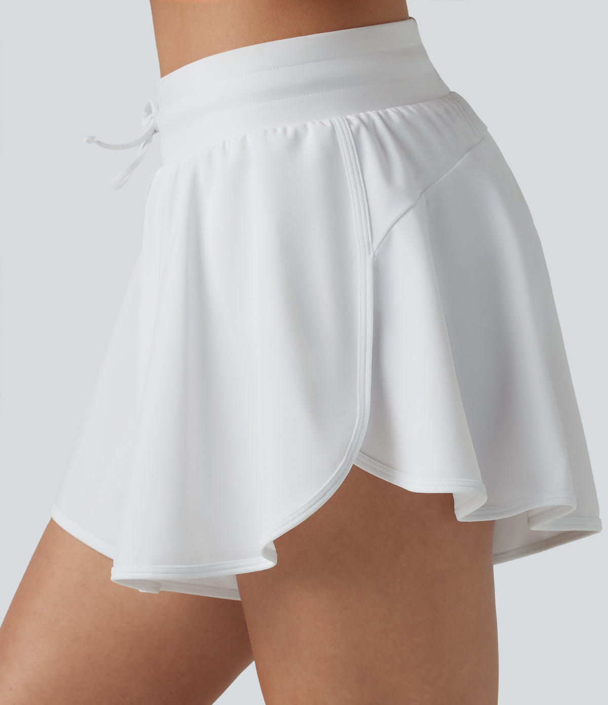 Mid Rise Drawstring Split Curved Hem 2-in-1 Bikini Shorts with Pockets — White — view 5