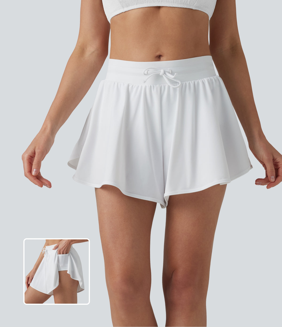 Mid Rise Drawstring Split Curved Hem 2-in-1 Bikini Shorts with Pockets — White — view 1