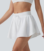 Mid Rise Drawstring Split Curved Hem 2-in-1 Bikini Shorts with Pockets — White — view 3