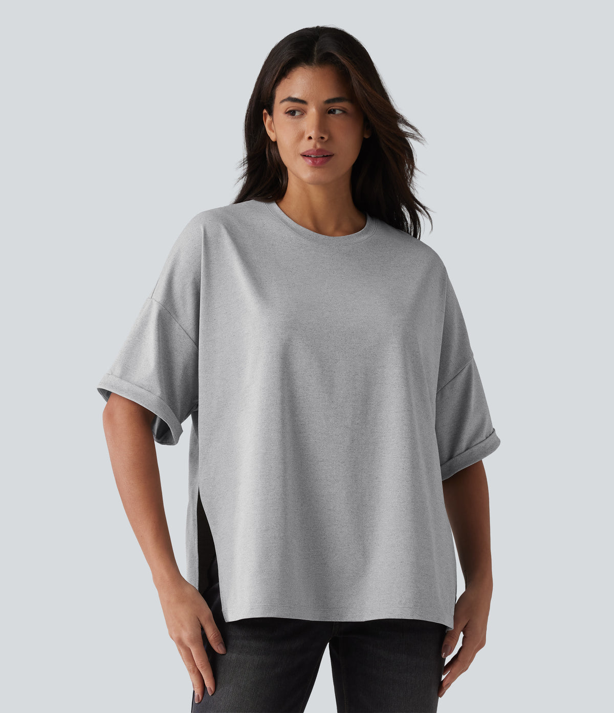 Round Neck Rolled Sleeve Split Hem Relaxed Casual T-Shirt — Gray White Mix — view 2