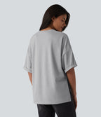 Round Neck Rolled Sleeve Split Hem Relaxed Casual T-Shirt — Gray White Mix — view 3
