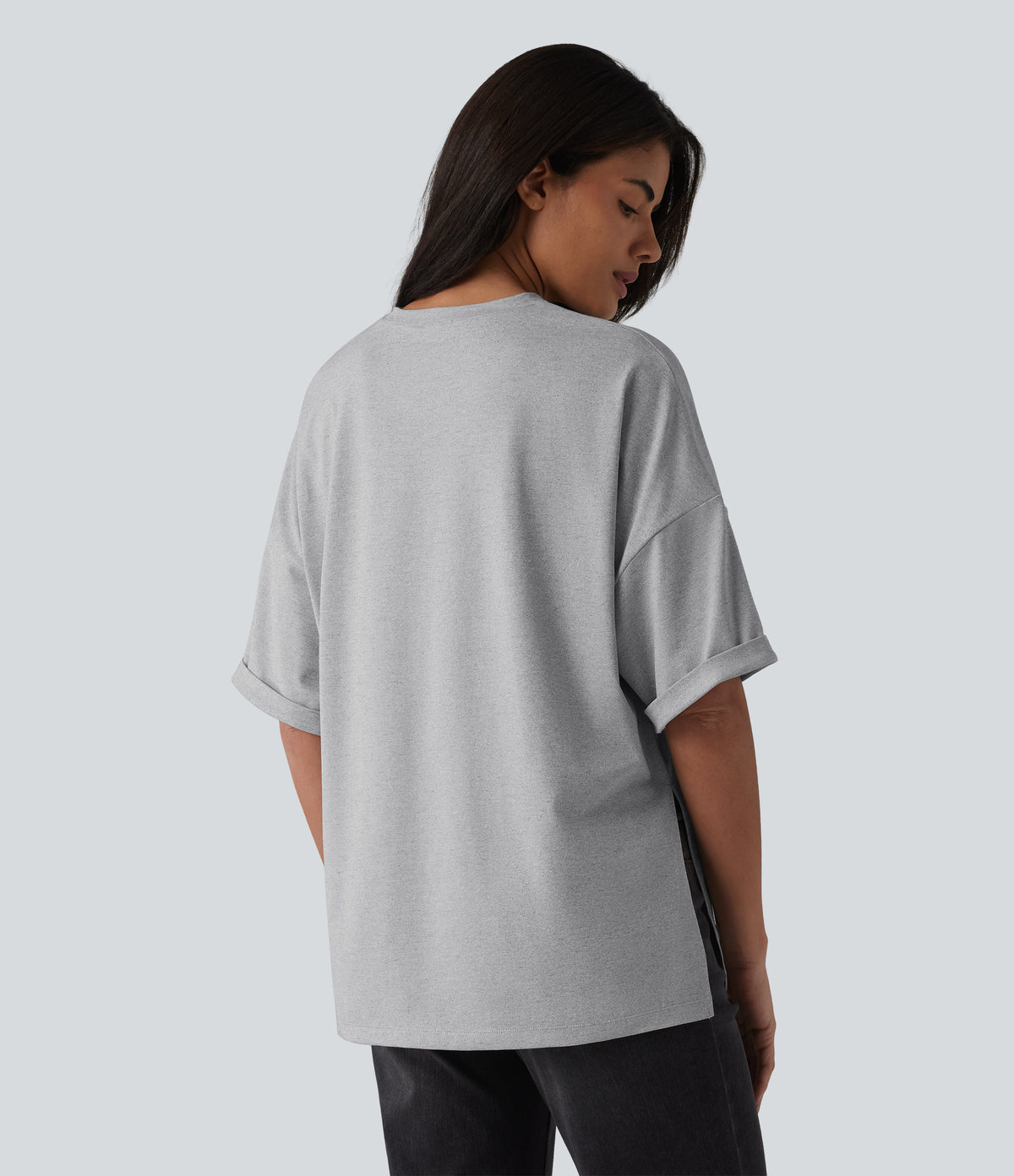 Round Neck Rolled Sleeve Split Hem Relaxed Casual T-Shirt — Gray White Mix — view 3