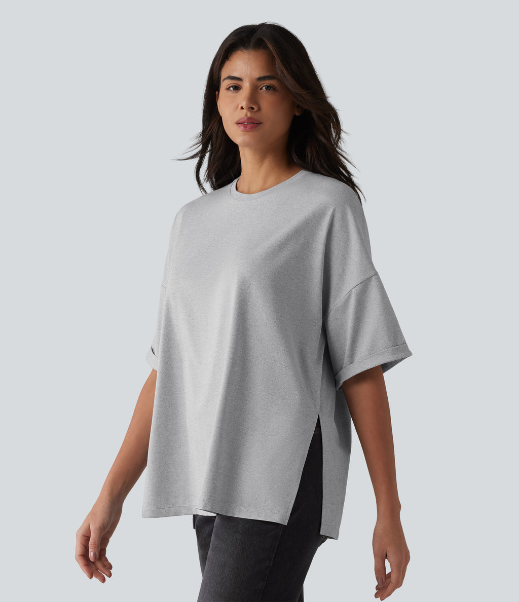 Round Neck Rolled Sleeve Split Hem Relaxed Casual T-Shirt — Gray White Mix — view 4
