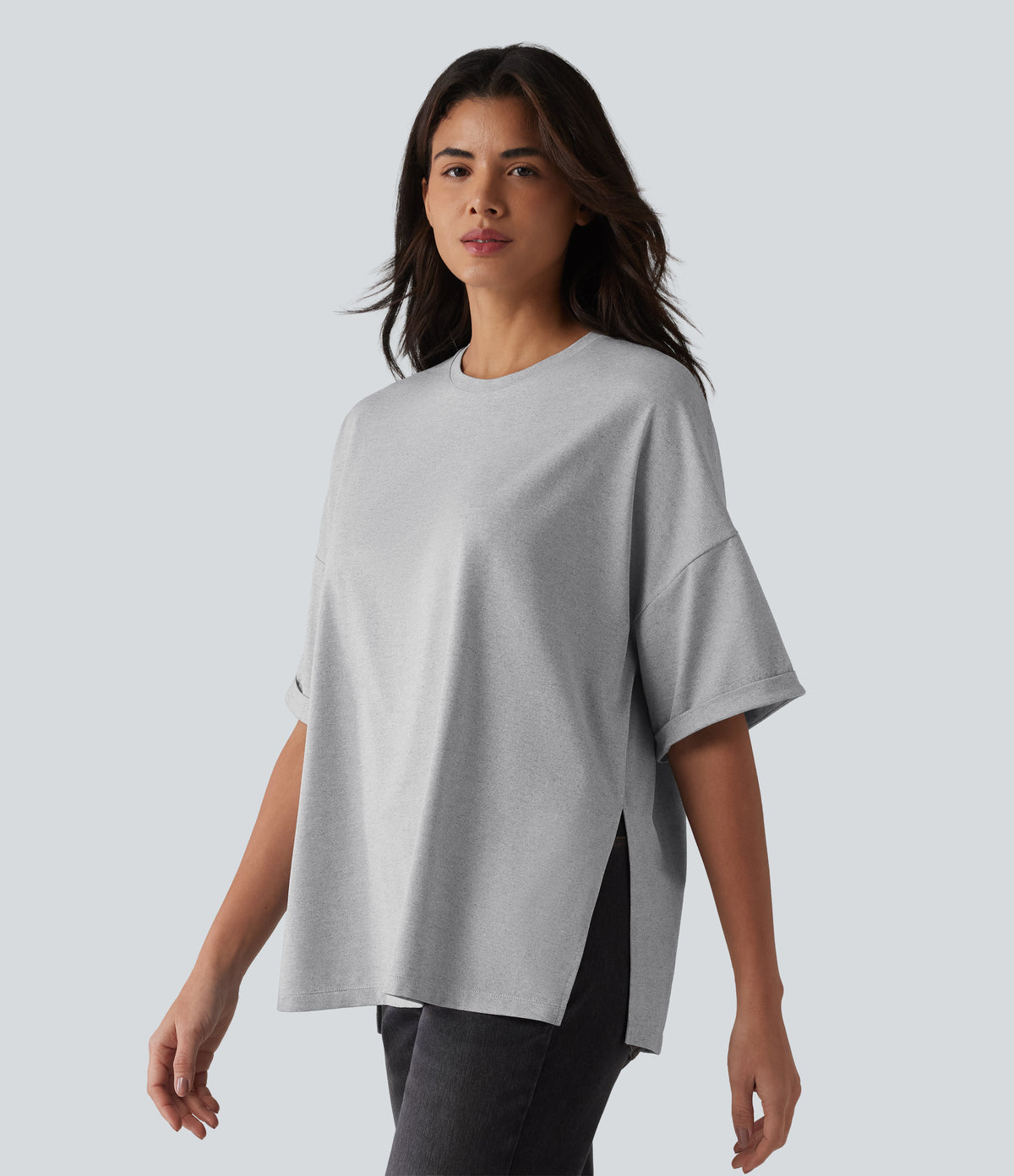 Round Neck Rolled Sleeve Split Hem Relaxed Casual T-Shirt — Gray White Mix — view 4