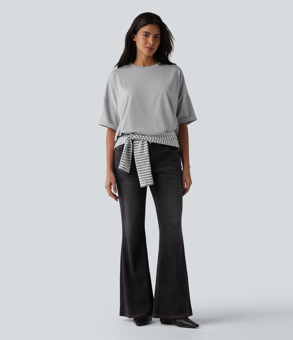 Round Neck Rolled Sleeve Split Hem Relaxed Casual T-Shirt — Gray White Mix — view 5