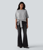 Round Neck Rolled Sleeve Split Hem Relaxed Casual T-Shirt — Gray White Mix — view 5