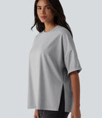 Round Neck Rolled Sleeve Split Hem Relaxed Casual T-Shirt — Gray White Mix — view 1