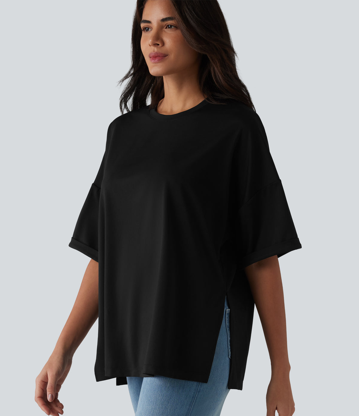 Round Neck Rolled Sleeve Split Hem Relaxed Casual T-Shirt — Black — view 6