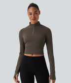 Mock Neck Long Sleeve Thumb Hole Cropped Workout Sports Top — Wren — view 4