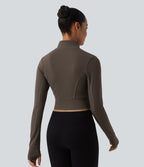 Mock Neck Long Sleeve Thumb Hole Cropped Workout Sports Top — Wren — view 2