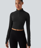Mock Neck Long Sleeve Thumb Hole Cropped Workout Sports Top — Black — view 7