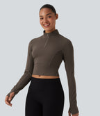 Mock Neck Long Sleeve Thumb Hole Cropped Workout Sports Top — Wren — view 3