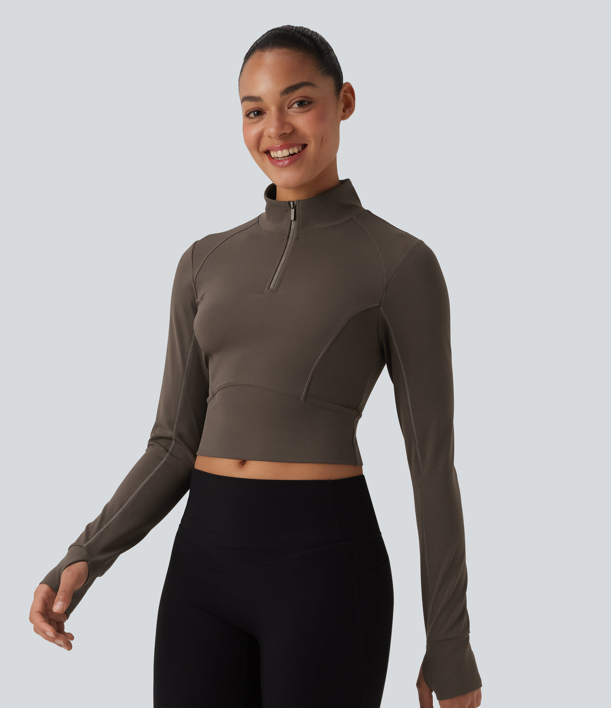 Mock Neck Long Sleeve Thumb Hole Cropped Workout Sports Top — Wren — view 3