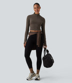 Mock Neck Long Sleeve Thumb Hole Cropped Workout Sports Top — Wren — view 5