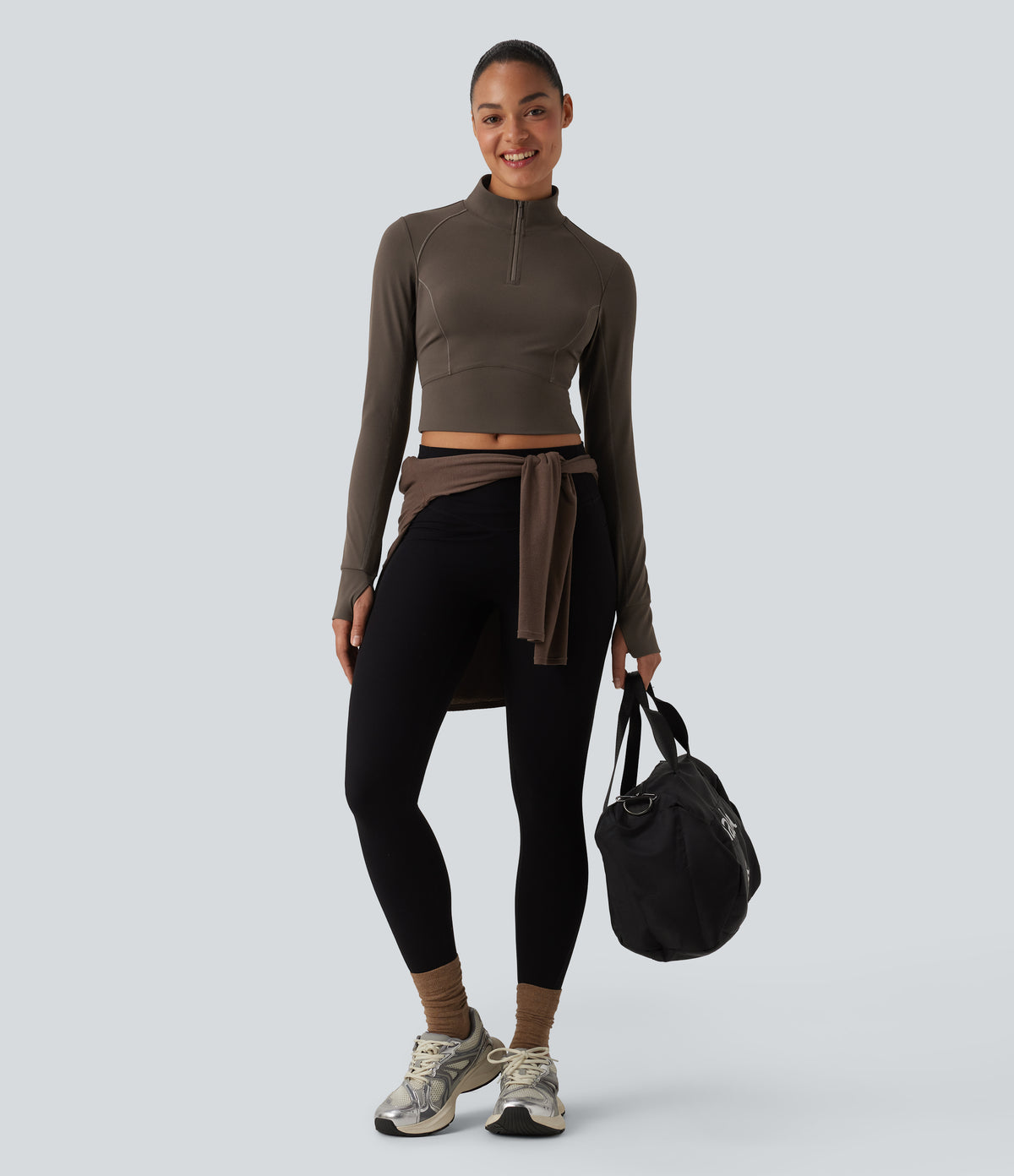 Mock Neck Long Sleeve Thumb Hole Cropped Workout Sports Top — Wren — view 5