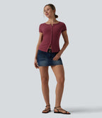 Ribbed Knit Boat Neck Short Sleeve Casual Top — Ruby Wine — view 5