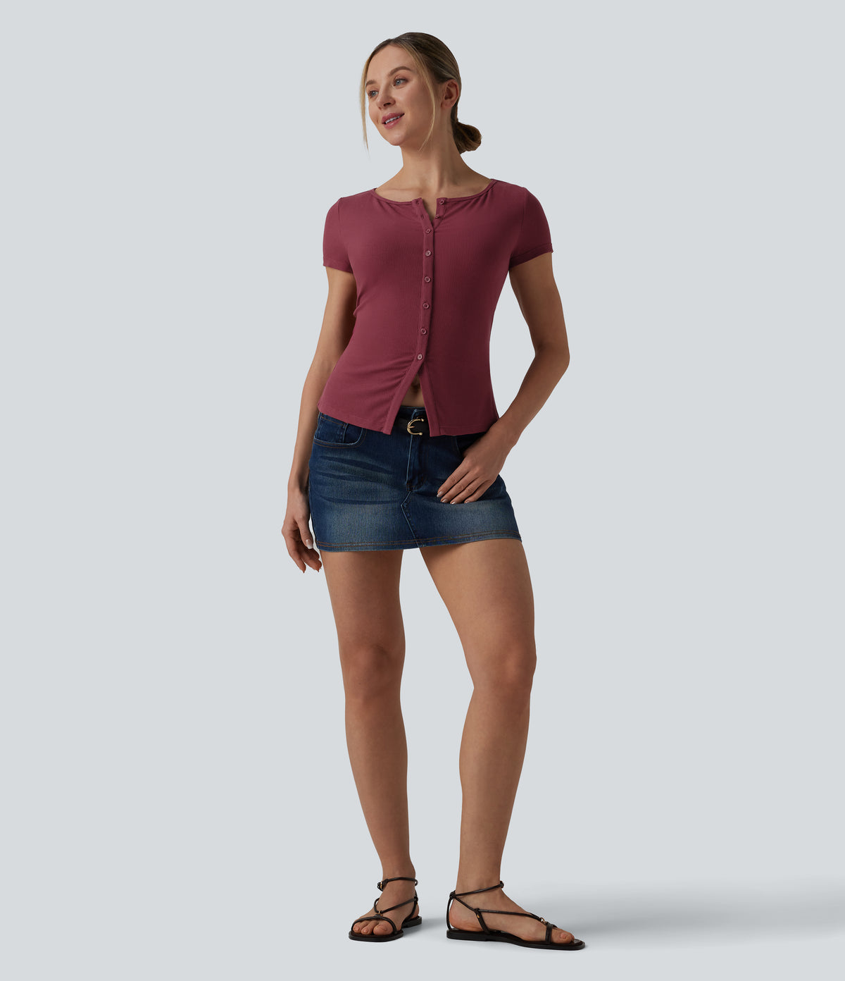 Ribbed Knit Boat Neck Short Sleeve Casual Top — Ruby Wine — view 5