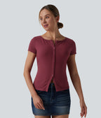 Ribbed Knit Boat Neck Short Sleeve Casual Top — Ruby Wine — view 3