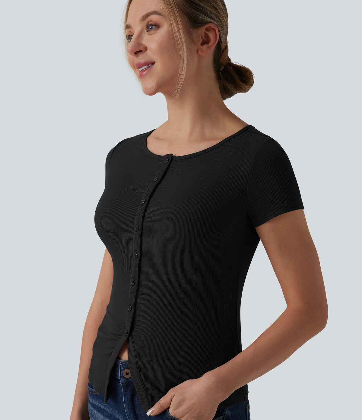 Ribbed Knit Boat Neck Short Sleeve Casual Top — Black — view 6