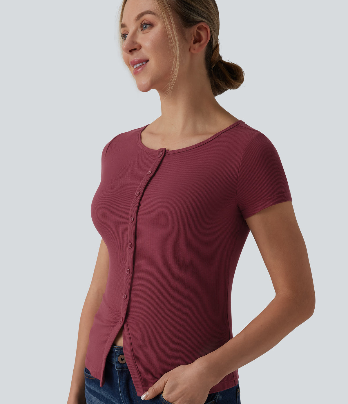 Ribbed Knit Boat Neck Short Sleeve Casual Top — Ruby Wine — view 1