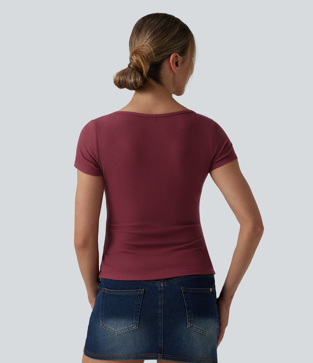 Ribbed Knit Boat Neck Short Sleeve Casual Top — Ruby Wine — view 2