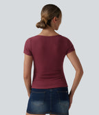 Ribbed Knit Boat Neck Short Sleeve Casual Top — Ruby Wine — view 2