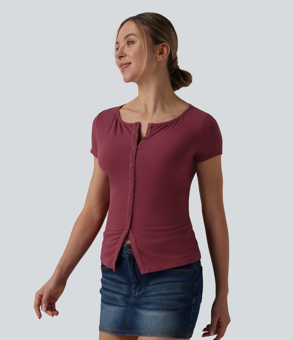 Ribbed Knit Boat Neck Short Sleeve Casual Top — Ruby Wine — view 4