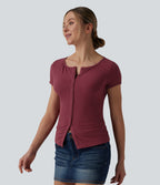 Ribbed Knit Boat Neck Short Sleeve Casual Top — Ruby Wine — view 4